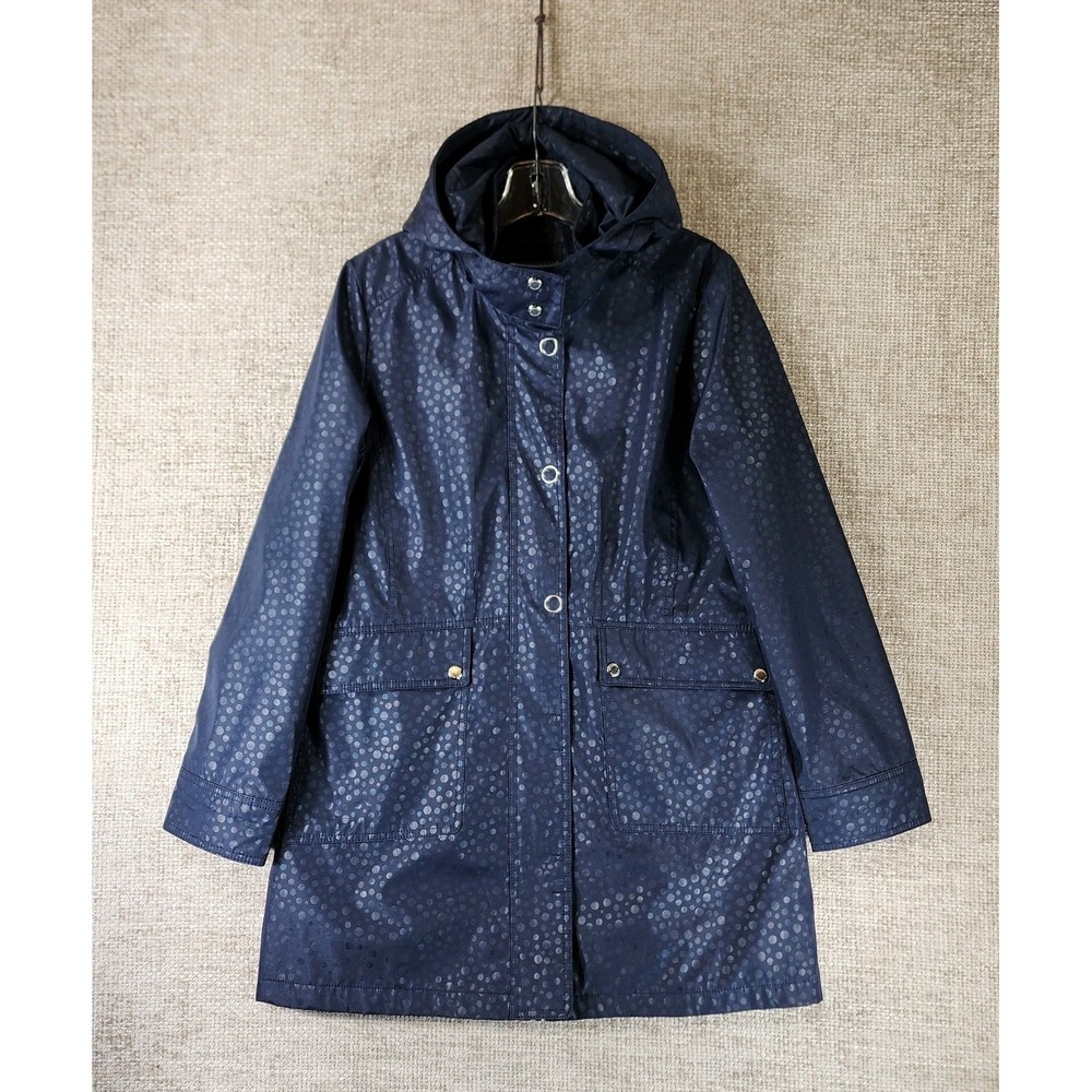 Weatherproof Hooded Rain Jacket Womens L Navy Polka Dot Lined Zip Snap